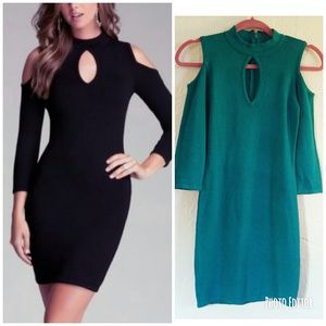 Bebe Teal Cold Shoulder Keyhole Neck Sweater Dress